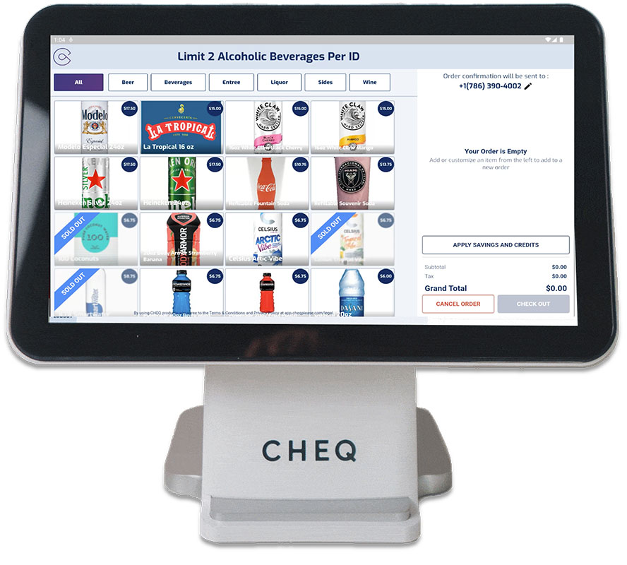 Kiosk with order screen full of beverages.