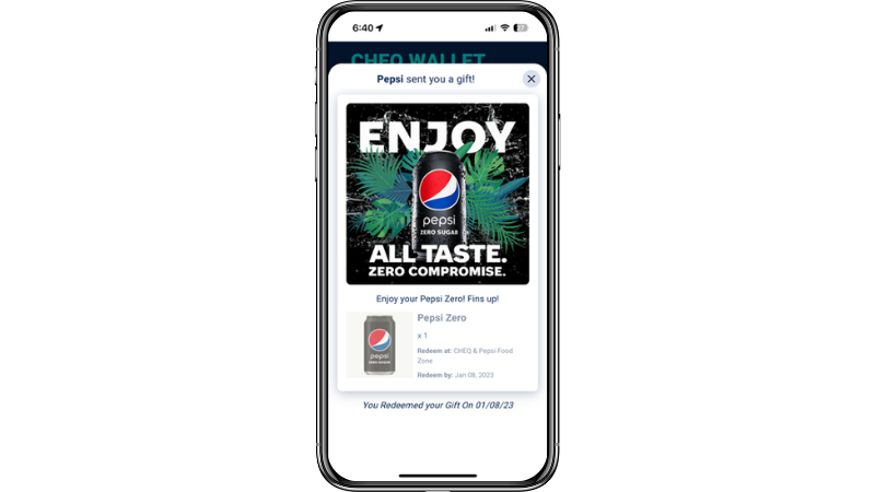 A mobile phone with a message receiving a free promotion from Pepsi.