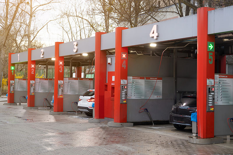 several self-service car wash stalls