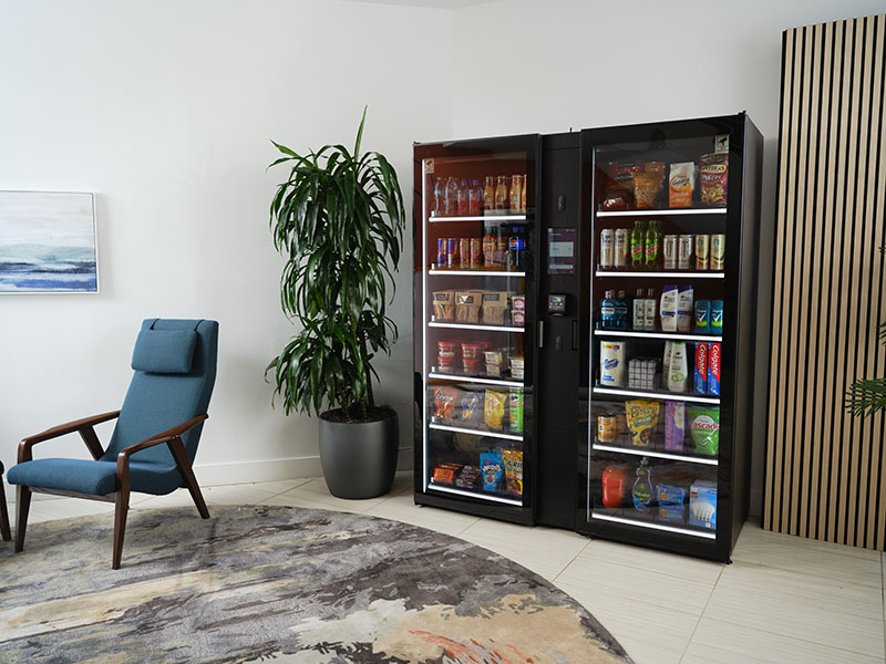 A Smart Store 700 Duo sits in the lobby of a multifamily residential building.