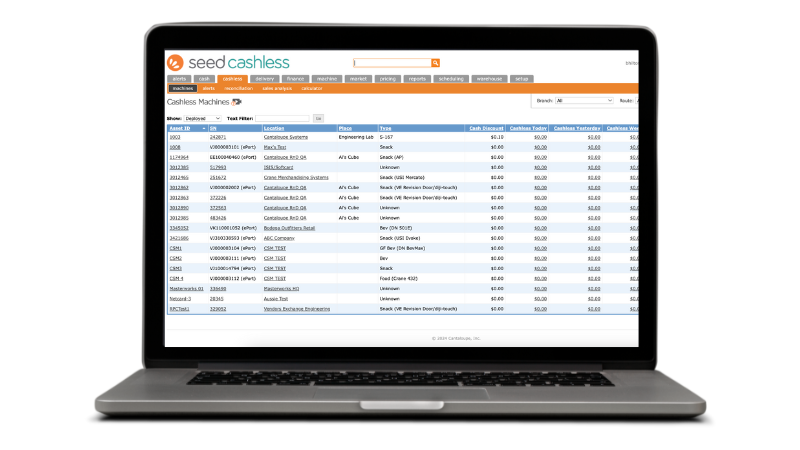 A laptop with Cashless+ machine list page.