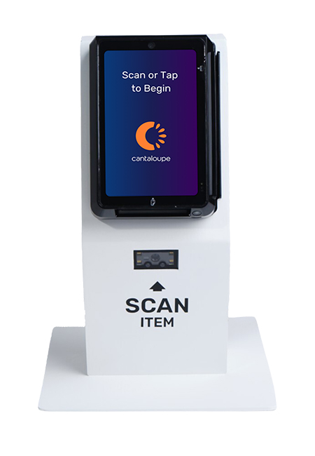 Go Micro, small black rectangular device on a white pedestal with a bar code scanner built in.