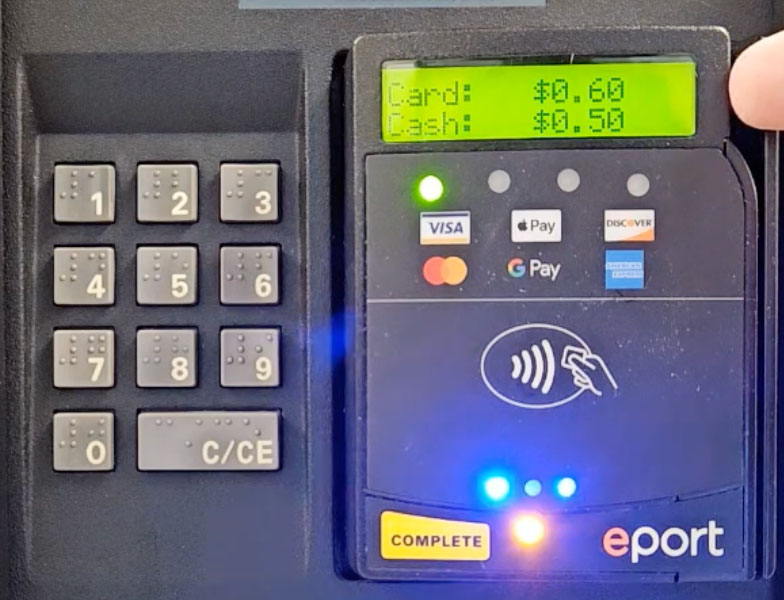 G11 card reader displaying cash and credit prices.